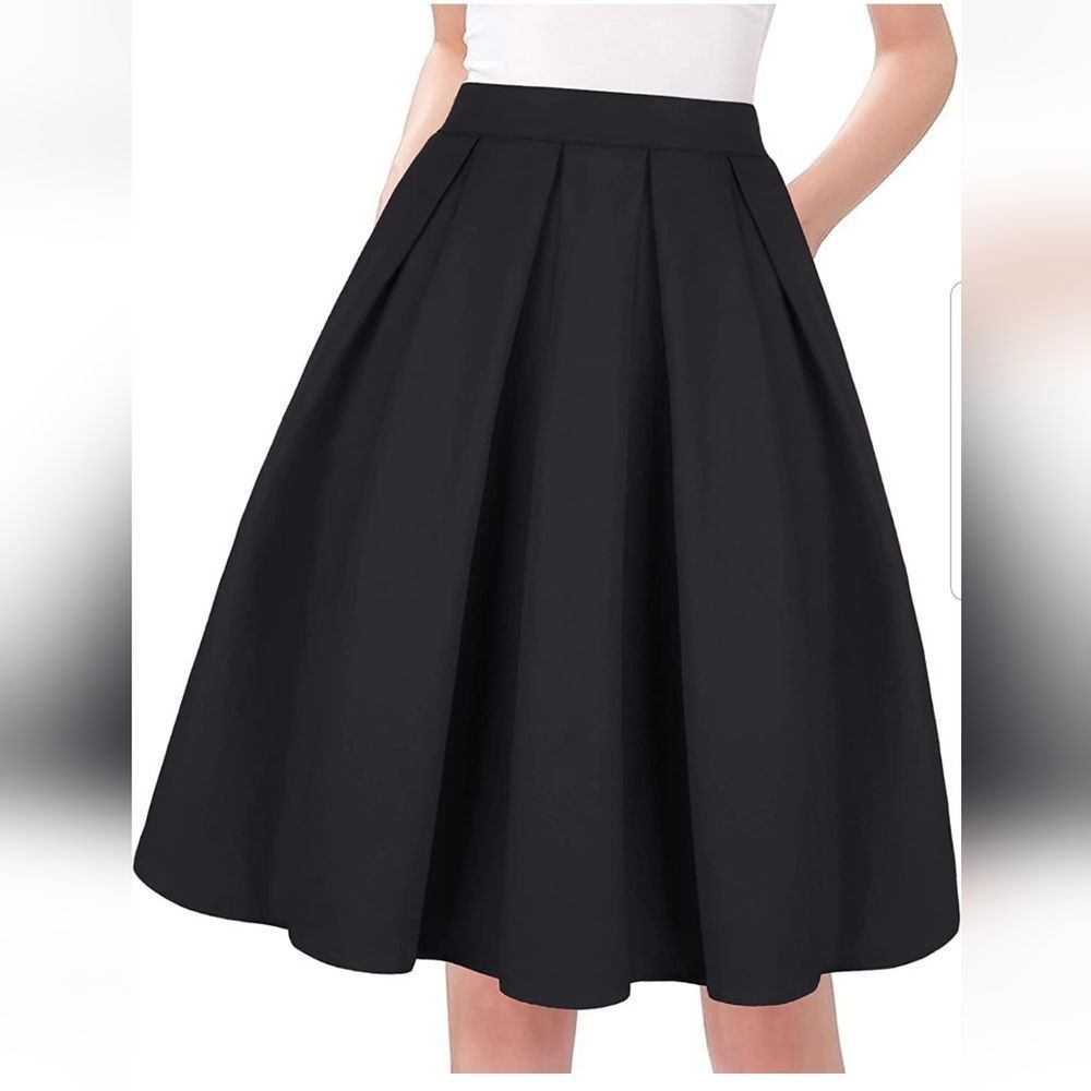 Tandisk Black Pleated Midi Vintage Look Swing Skirt Aline Flared, Pockets New 2x